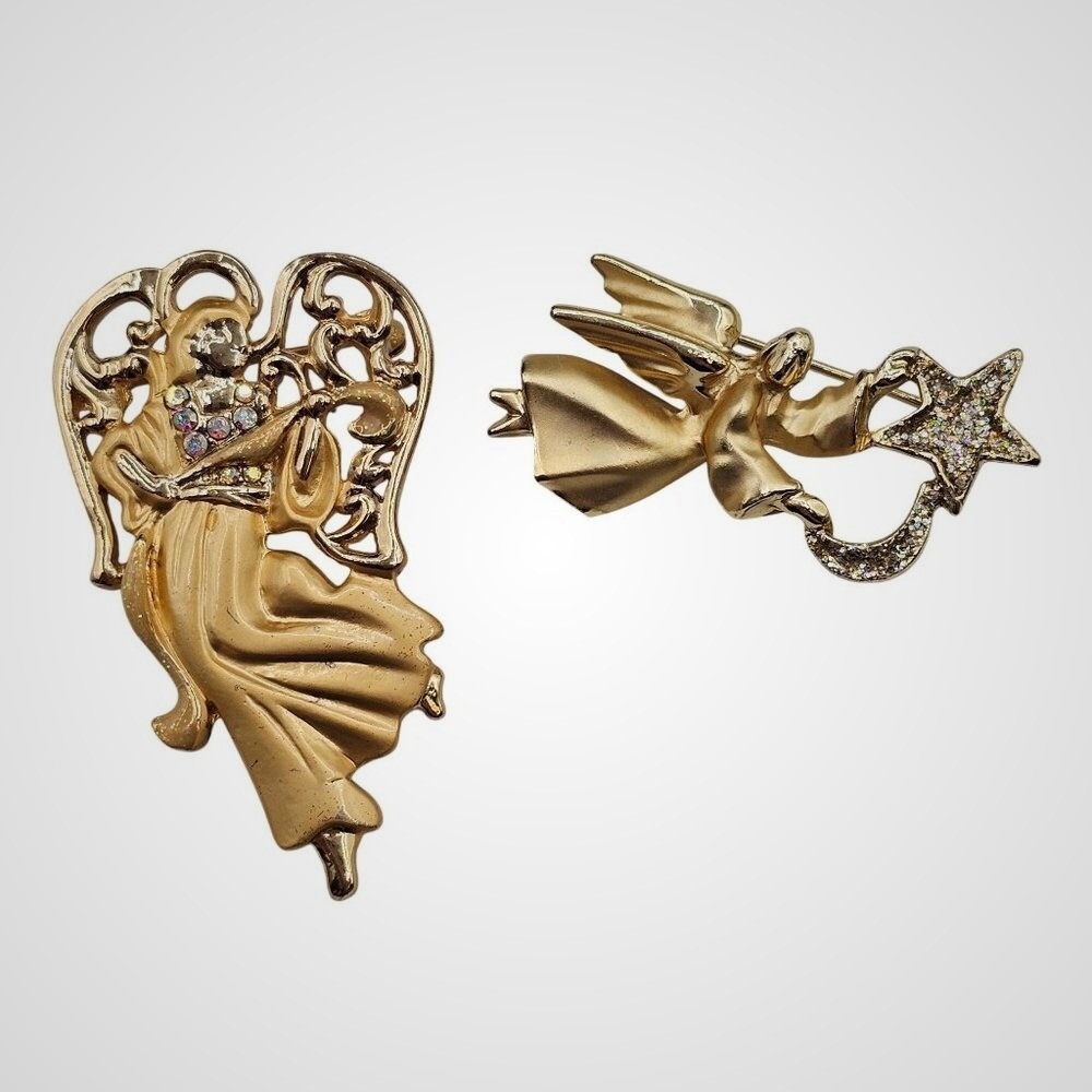Vintage Angel Brooch 2pc Rhinestone Gold Tone Celestial 2pc Holiday Religious‎